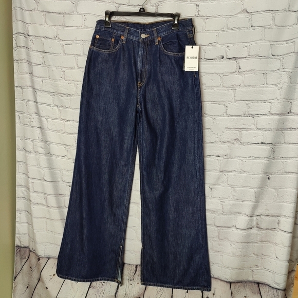 Re/Done Jeans 90's High Rise Loose Long Split Hem Size 26 Dark Indigo NWT $295 - Picture 1 of 8